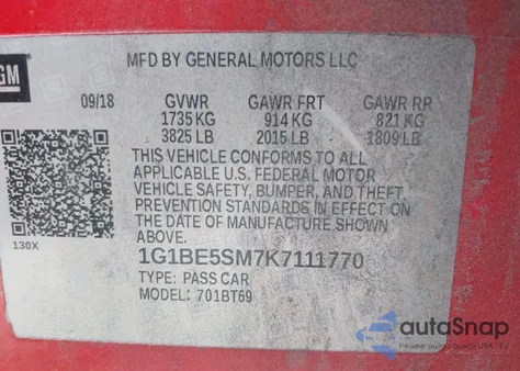 2019 Chevrolet Cruze Lt from USA, damaged, VIN 1G1BE5SM7K7111770